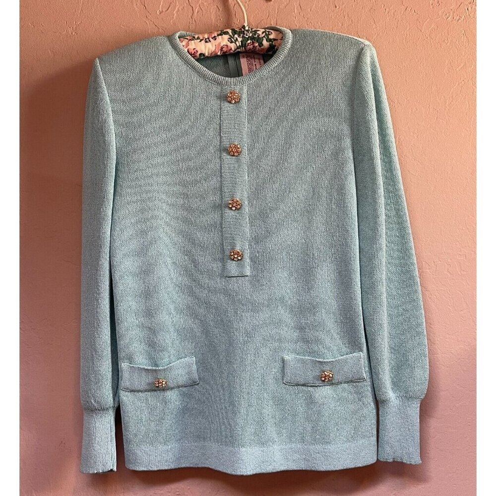 Vintage Castleberry Women's Gold Buttons Pullover Knit Sweater Green Back Zip